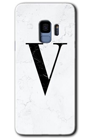 Galaxy S9 Kılıf HD Desen Baskılı Arka Kapak - Beyaz Mermer Desenli V Harfi 