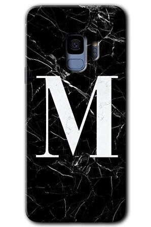 Galaxy S9 Kılıf HD Desen Baskılı Arka Kapak - Siyah Mermer Desenli M Harfi 