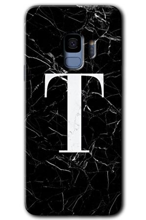 Galaxy S9 Kılıf HD Desen Baskılı Arka Kapak - Siyah Mermer Desenli T Harfi 