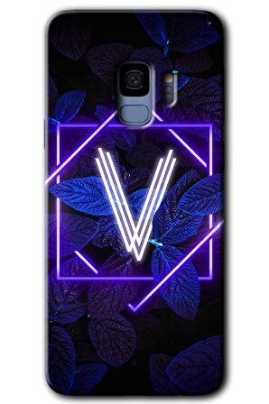 Galaxy S9 Kılıf HD Desen Baskılı Arka Kapak - Dark Neon Yaprak V Harfi 