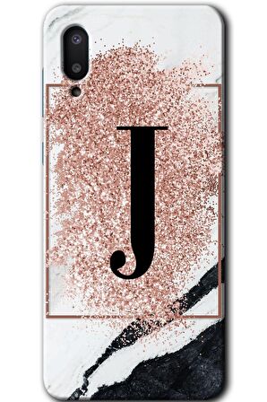 Galaxy A02 Kılıf HD Desen Baskılı Arka Kapak - Pembe Mermer Desenli J Harfi 