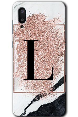 Galaxy A02 Kılıf HD Desen Baskılı Arka Kapak - Pembe Mermer Desenli L Harfi 