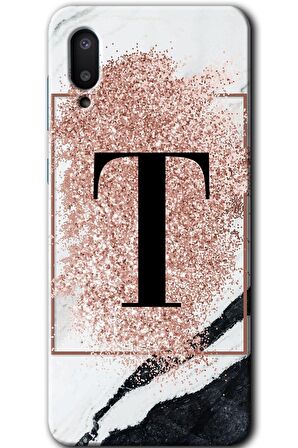 Galaxy A02 Kılıf HD Desen Baskılı Arka Kapak - Pembe Mermer Desenli T Harfi 