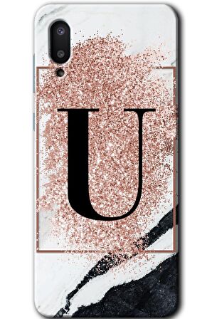 Galaxy A02 Kılıf HD Desen Baskılı Arka Kapak - Pembe Mermer Desenli U Harfi 
