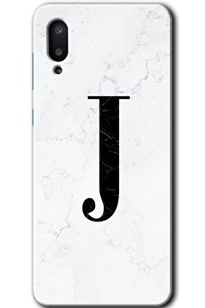 Galaxy A02 Kılıf HD Desen Baskılı Arka Kapak - Beyaz Mermer Desenli J Harfi 