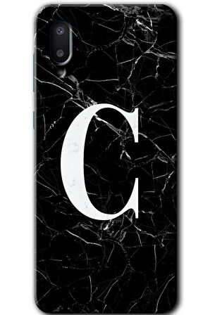 Galaxy A02 Kılıf HD Desen Baskılı Arka Kapak - Siyah Mermer Desenli C Harfi 