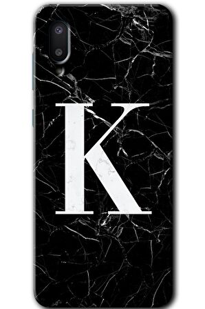 Galaxy A02 Kılıf HD Desen Baskılı Arka Kapak - Siyah Mermer Desenli K Harfi 