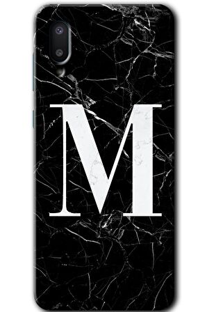 Galaxy A02 Kılıf HD Desen Baskılı Arka Kapak - Siyah Mermer Desenli M Harfi 