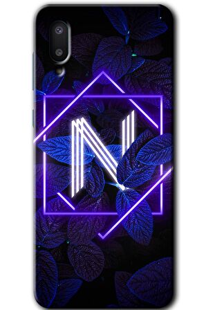 Galaxy A02 Kılıf HD Desen Baskılı Arka Kapak - Dark Neon Yaprak N Harfi 