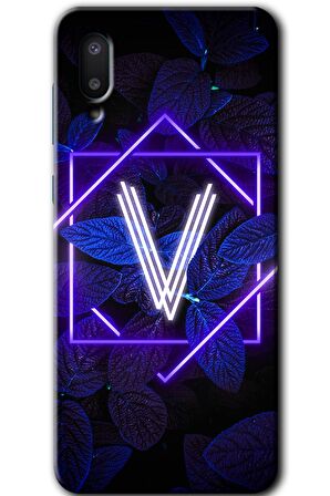 Galaxy A02 Kılıf HD Desen Baskılı Arka Kapak - Dark Neon Yaprak V Harfi 