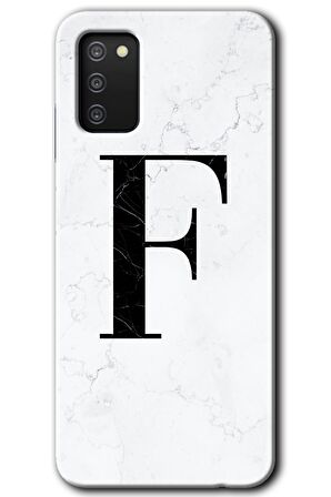 Galaxy A02s Kılıf HD Desen Baskılı Arka Kapak - Beyaz Mermer Desenli F Harfi 
