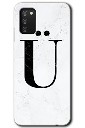 Galaxy A02s Kılıf HD Desen Baskılı Arka Kapak - Beyaz Mermer Desenli Ü Harfi 