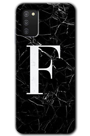 Galaxy A02s Kılıf HD Desen Baskılı Arka Kapak - Siyah Mermer Desenli F Harfi 