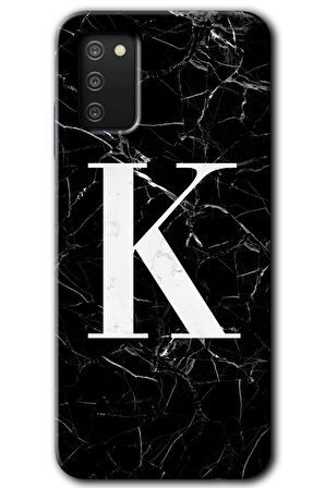 Galaxy A02s Kılıf HD Desen Baskılı Arka Kapak - Siyah Mermer Desenli K Harfi 
