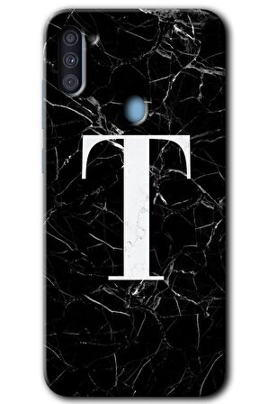 Galaxy A11 Kılıf HD Desen Baskılı Arka Kapak - Siyah Mermer Desenli T Harfi 