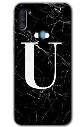 Galaxy A11 Kılıf HD Desen Baskılı Arka Kapak - Siyah Mermer Desenli Ü Harfi 