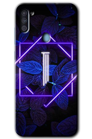 Galaxy A11 Kılıf HD Desen Baskılı Arka Kapak - Dark Neon Yaprak I Harfi 