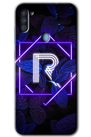 Galaxy A11 Kılıf HD Desen Baskılı Arka Kapak - Dark Neon Yaprak R Harfi 
