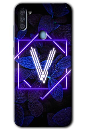 Galaxy A11 Kılıf HD Desen Baskılı Arka Kapak - Dark Neon Yaprak V Harfi 