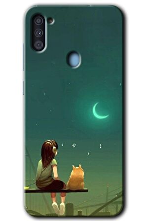 Galaxy A11 Kılıf HD Desen Baskılı Arka Kapak - Kedili Kız 