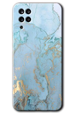 Galaxy A12 Kılıf HD Desen Baskılı Arka Kapak - Mavi Gold Mermer 