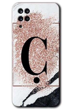 Galaxy A12 Kılıf HD Desen Baskılı Arka Kapak - Pembe Mermer Desenli Ç Harfi 