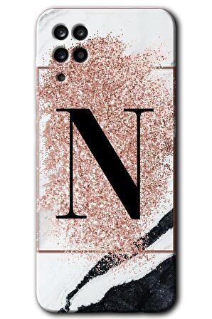 Galaxy A12 Kılıf HD Desen Baskılı Arka Kapak - Pembe Mermer Desenli N Harfi 