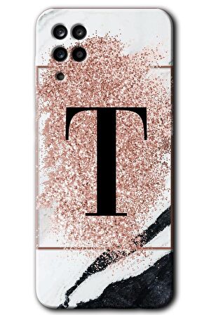 Galaxy A12 Kılıf HD Desen Baskılı Arka Kapak - Pembe Mermer Desenli T Harfi 