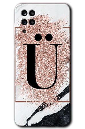 Galaxy A12 Kılıf HD Desen Baskılı Arka Kapak - Pembe Mermer Desenli Ü Harfi 