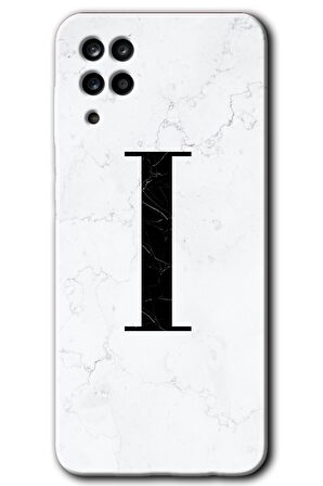 Galaxy A12 Kılıf HD Desen Baskılı Arka Kapak - Beyaz Mermer Desenli I Harfi 