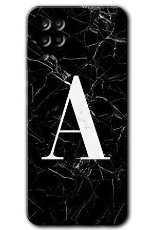 Galaxy A12 Kılıf HD Desen Baskılı Arka Kapak - Siyah Mermer Desenli A Harfi 