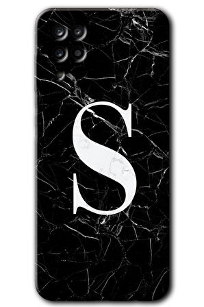 Galaxy A12 Kılıf HD Desen Baskılı Arka Kapak - Siyah Mermer Desenli S Harfi 