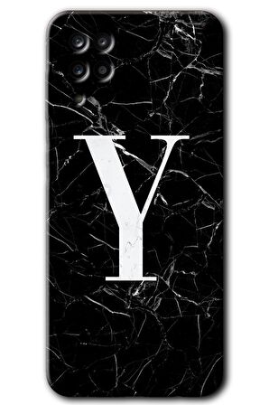 Galaxy A12 Kılıf HD Desen Baskılı Arka Kapak - Siyah Mermer Desenli Y Harfi 