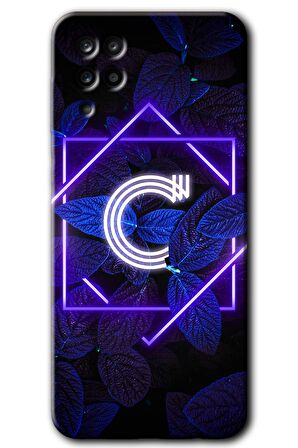Galaxy A12 Kılıf HD Desen Baskılı Arka Kapak - Dark Neon Yaprak C Harfi 