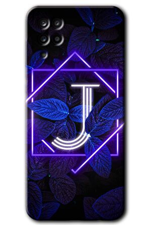 Galaxy A12 Kılıf HD Desen Baskılı Arka Kapak - Dark Neon Yaprak J Harfi 