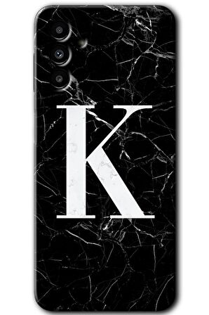 Galaxy A13 5G Kılıf HD Desen Baskılı Arka Kapak - Siyah Mermer Desenli K Harfi 
