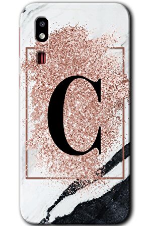 Galaxy A2 Core Kılıf HD Desen Baskılı Arka Kapak - Pembe Mermer Desenli C Harfi 