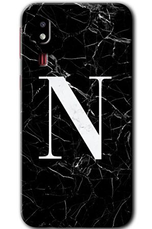 Galaxy A2 Core Kılıf HD Desen Baskılı Arka Kapak - Siyah Mermer Desenli N Harfi 