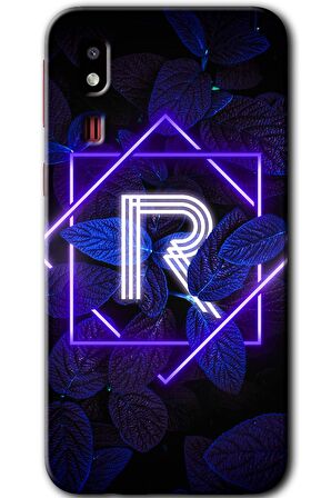 Galaxy A2 Core Kılıf HD Desen Baskılı Arka Kapak - Dark Neon Yaprak R Harfi 