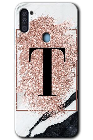 Galaxy M11 Kılıf HD Desen Baskılı Arka Kapak - Pembe Mermer Desenli T Harfi 