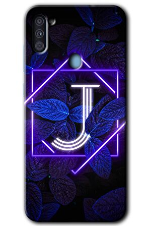 Galaxy M11 Kılıf HD Desen Baskılı Arka Kapak - Dark Neon Yaprak J Harfi 