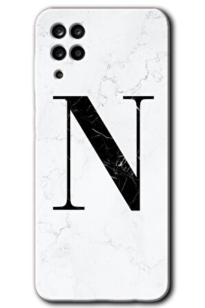 Galaxy M12 Kılıf HD Desen Baskılı Arka Kapak - Beyaz Mermer Desenli N Harfi 