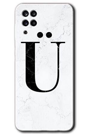Galaxy M12 Kılıf HD Desen Baskılı Arka Kapak - Beyaz Mermer Desenli Ü Harfi 