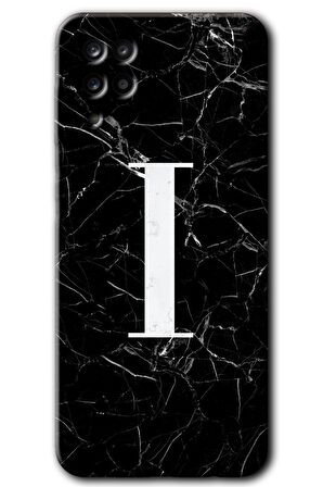 Galaxy M12 Kılıf HD Desen Baskılı Arka Kapak - Siyah Mermer Desenli I Harfi 