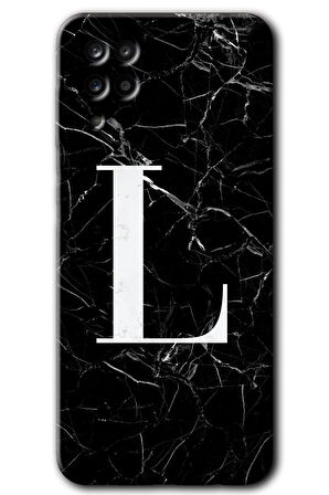 Galaxy M12 Kılıf HD Desen Baskılı Arka Kapak - Siyah Mermer Desenli L Harfi 