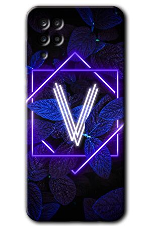 Galaxy M12 Kılıf HD Desen Baskılı Arka Kapak - Dark Neon Yaprak V Harfi 