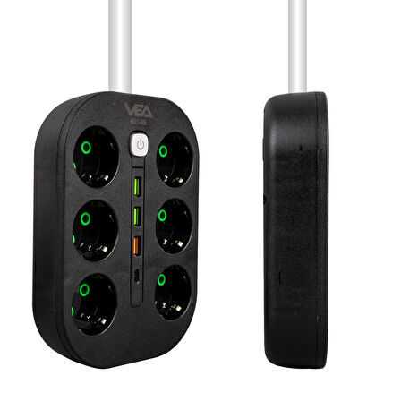 6'lı Akım Korumalı Priz, 1.5 Metre Kablo, 3 x USB, 1 x Type-C PD Girişli, Grup Priz, 10ah Akım Korumalı Priz, 2500W Güç, Anahtarlı, Topraklı,