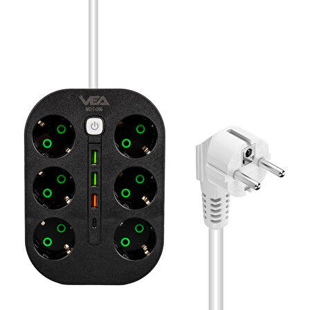 6'lı Akım Korumalı Priz, 1.5 Metre Kablo, 3 x USB, 1 x Type-C PD Girişli, Grup Priz, 10ah Akım Korumalı Priz, 2500W Güç, Anahtarlı, Topraklı,