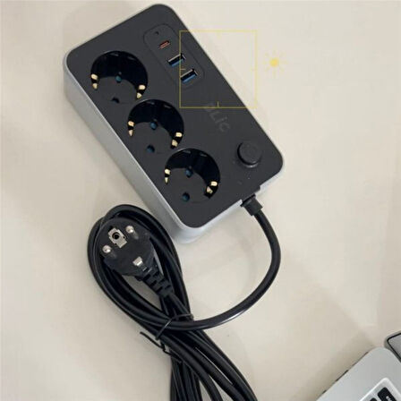 2 Metre Siyah Akım Çocuk Korumalı Uzatma Kablosu Çoklu Priz 2 Usb Type-C 3lü Grup