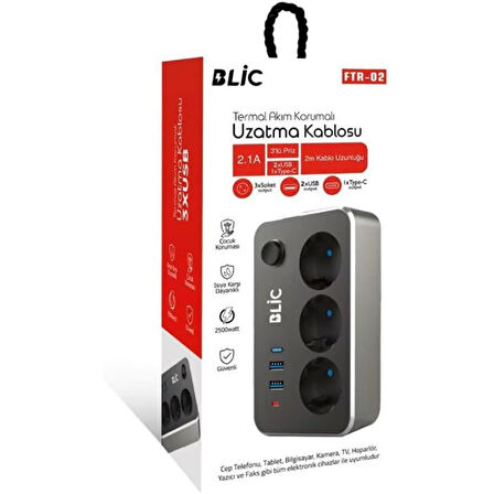 2 Metre Siyah Akım Çocuk Korumalı Uzatma Kablosu Çoklu Priz 2 Usb Type-C 3lü Grup